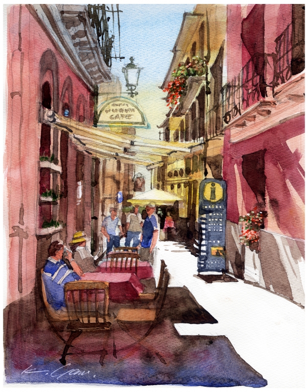 旅のスケッチ・赤い壁の路地--Alley of red wall in Cagliari, Italy